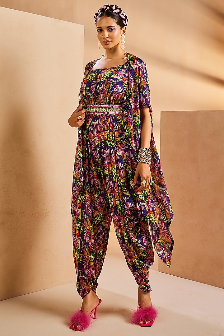 Purple Chinon Botanical Printed Dhoti Jumpsuit by Aneesh Agarwaal PRET at Pernia's Pop Up Shop