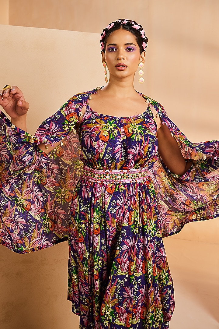 Purple Chinon Botanical Printed Dhoti Jumpsuit by Aneesh Agarwaal PRET at Pernia's Pop Up Shop