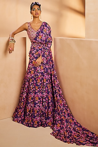 Purple Chinon Floral Printed Tiered Pre-Draped Saree Set by Aneesh Agarwaal PRET