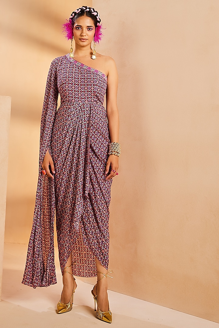 Purple Crepe Ikat Printed & Thread Embroidered Dhoti Dress by Aneesh Agarwaal PRET