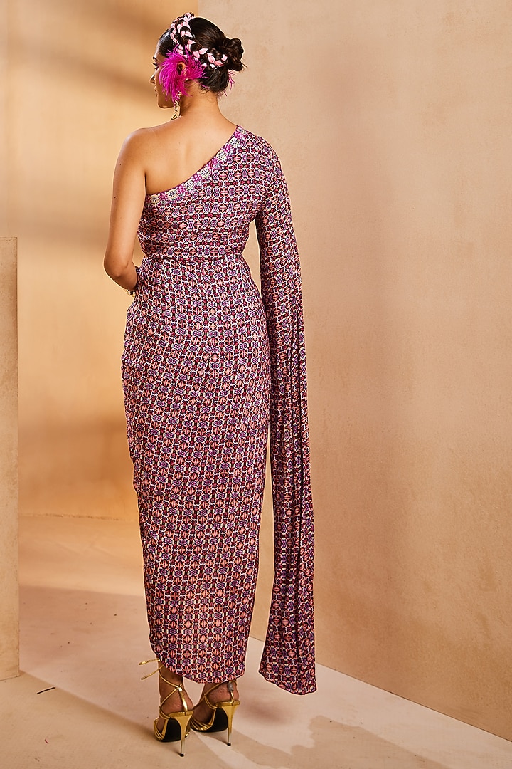Purple Crepe Ikat Printed & Thread Embroidered Dhoti Vacation Dress by Aneesh Agarwaal PRET at Pernia's Pop Up Shop