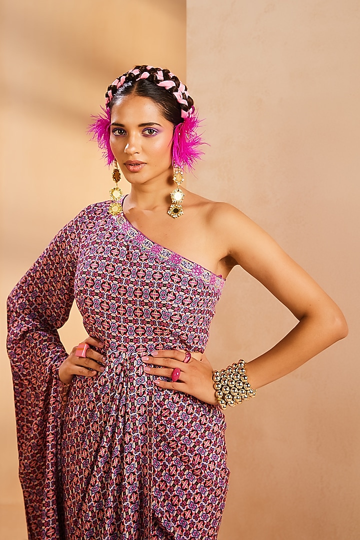 Purple Crepe Ikat Printed & Thread Embroidered Dhoti Vacation Dress by Aneesh Agarwaal PRET at Pernia's Pop Up Shop