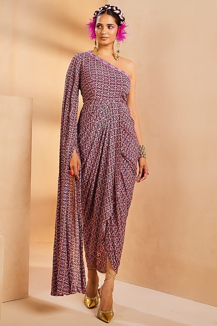 Purple Crepe Ikat Printed & Thread Embroidered Dhoti Vacation Dress by Aneesh Agarwaal PRET at Pernia's Pop Up Shop