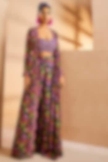 Purple Chinon Botanical Printed & Mirror Embroidered Jacket Set by Aneesh Agarwaal PRET
