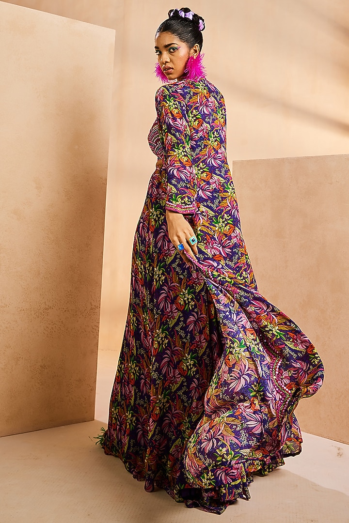 Purple Chinon Botanical Printed & Mirror Embroidered Jacket Set by Aneesh Agarwaal PRET at Pernia's Pop Up Shop