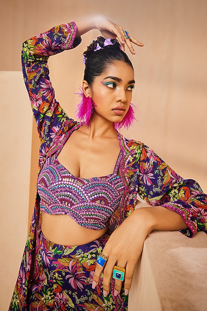 Purple Chinon Botanical Printed & Mirror Embroidered Jacket Set by Aneesh Agarwaal PRET at Pernia's Pop Up Shop