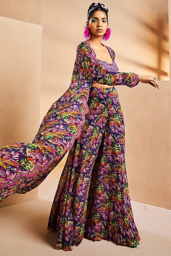 Purple Chinon Botanical Printed & Mirror Embroidered Jacket Set by Aneesh Agarwaal PRET at Pernia's Pop Up Shop