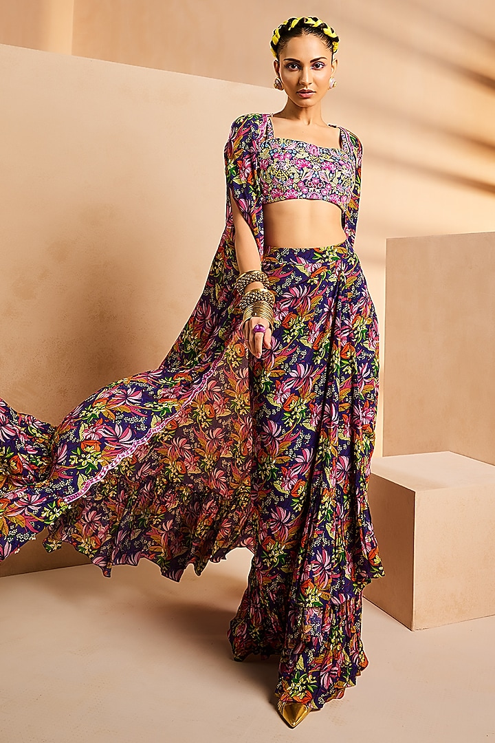 Purple Crepe Printed Wrap Skirt Set by Aneesh Agarwaal PRET at Pernia's Pop Up Shop