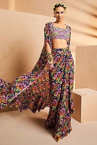 Purple Crepe Printed Wrap Skirt Set by Aneesh Agarwaal PRET
