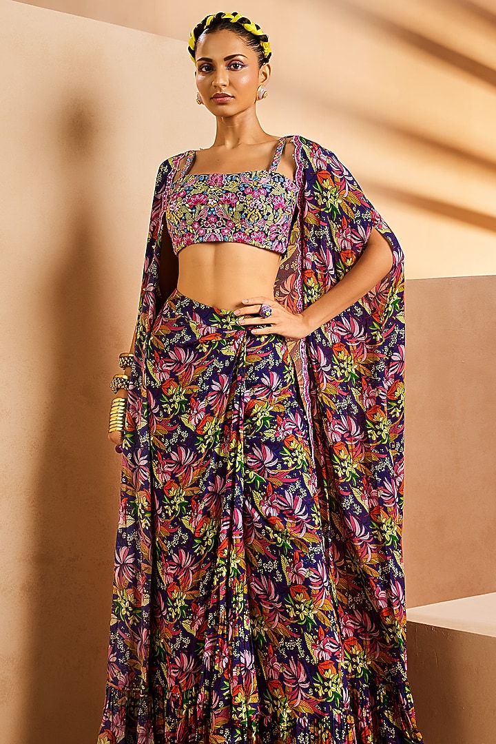 Purple Crepe Printed Wrap Skirt Set by Aneesh Agarwaal PRET at Pernia's Pop Up Shop