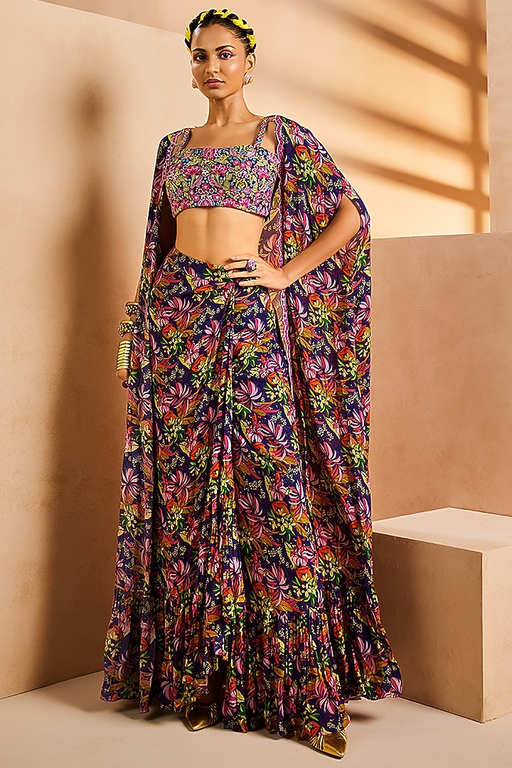 Purple Crepe Printed Wrap Skirt Set by Aneesh Agarwaal PRET at Pernia's Pop Up Shop