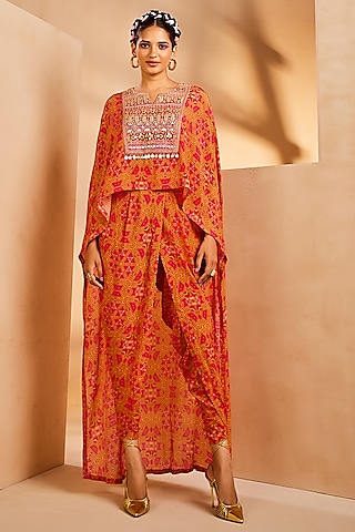 Pink Crepe Tie-Dye Printed & Mirror Embroidered High-Low Kurta Set by Aneesh Agarwaal PRET