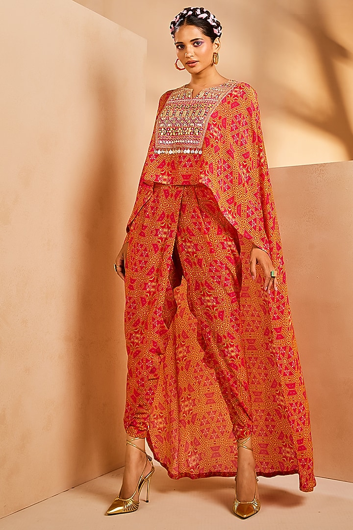 Pink Crepe Tie-Dye Printed & Mirror Embroidered High-Low Kurta Set by Aneesh Agarwaal PRET at Pernia's Pop Up Shop