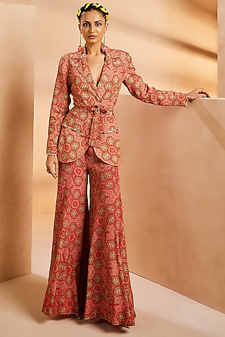 Red Crepe Hand Painted Sharara Set by Aneesh Agarwaal PRET