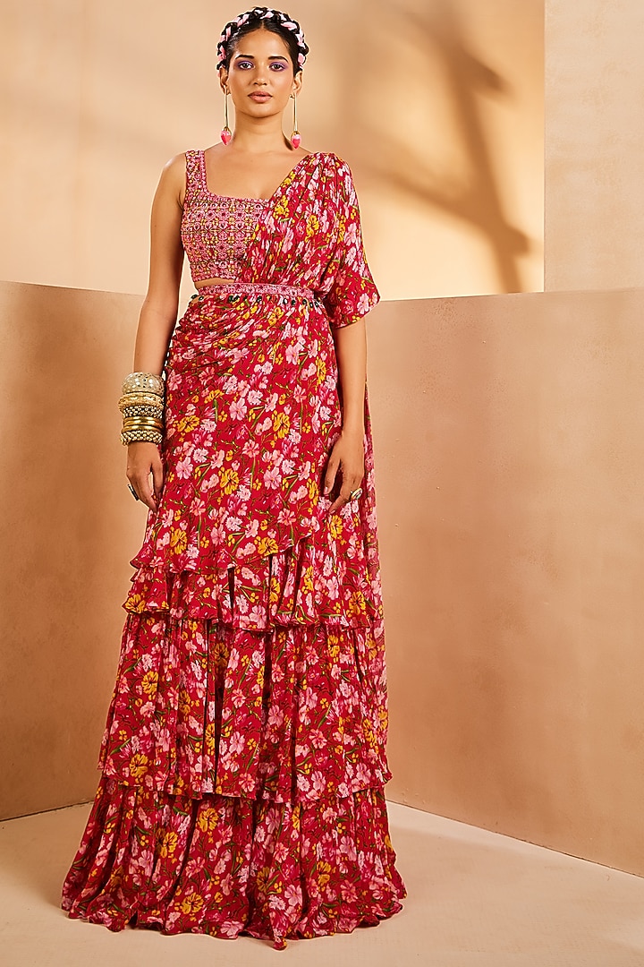 Magenta Chinon Floral Printed Pre-Draped Ruffled Wedding Saree Set by Aneesh Agarwaal PRET at Pernia's Pop Up Shop