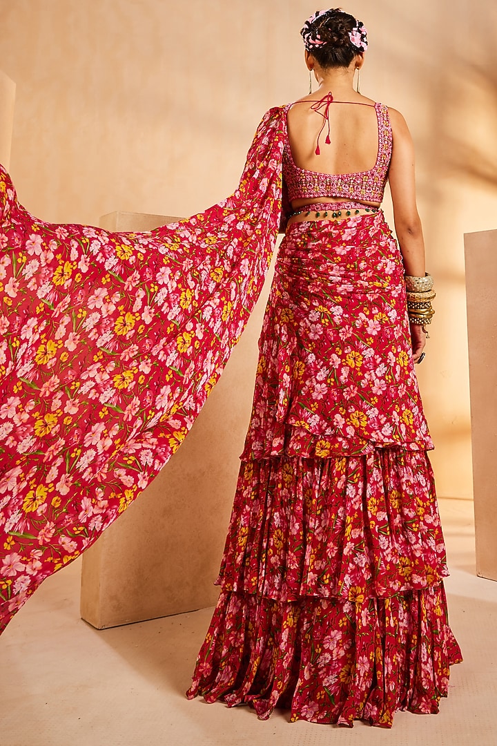 Magenta Chinon Floral Printed Pre-Draped Ruffled Wedding Saree Set by Aneesh Agarwaal PRET at Pernia's Pop Up Shop