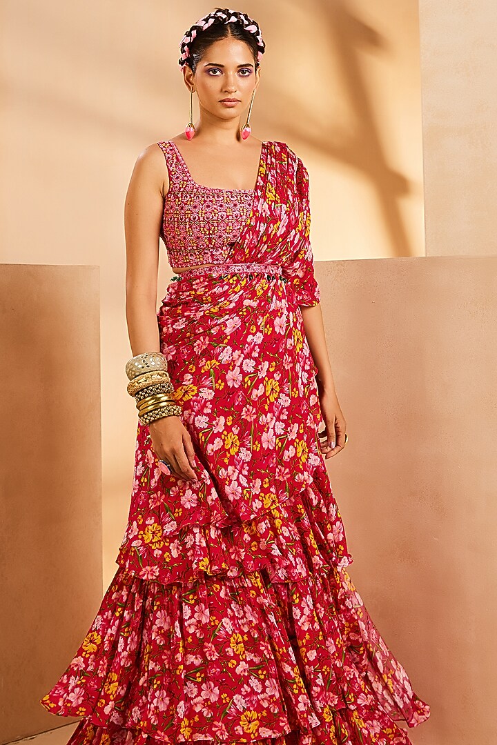 Magenta Chinon Floral Printed Pre-Draped Ruffled Wedding Saree Set by Aneesh Agarwaal PRET at Pernia's Pop Up Shop