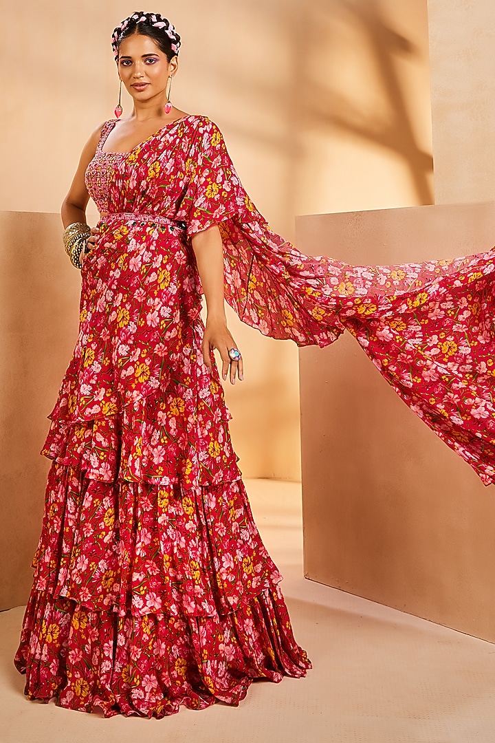 Magenta Chinon Floral Printed Pre-Draped Ruffled Wedding Saree Set by Aneesh Agarwaal PRET at Pernia's Pop Up Shop