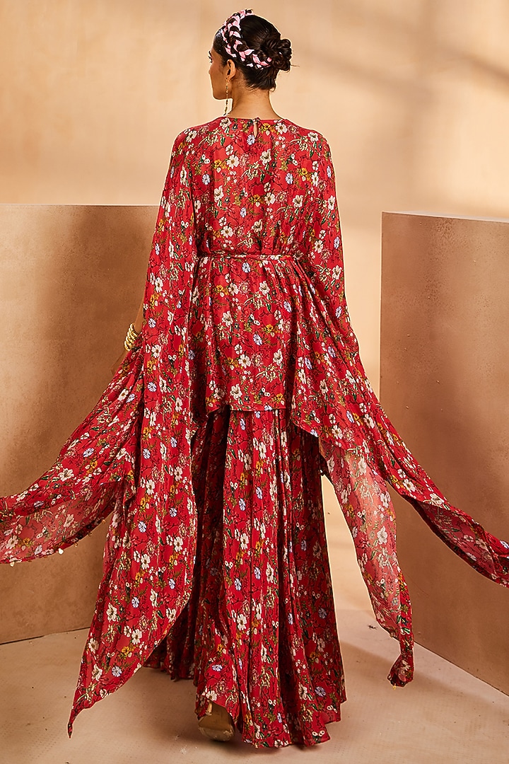Red Chinon Floral Printed & Mirror Embroidered Kaftan Set by Aneesh Agarwaal PRET at Pernia's Pop Up Shop