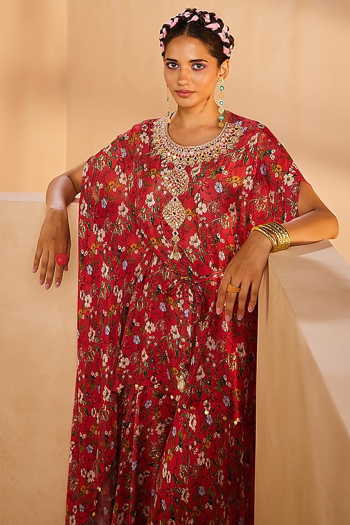 Red Chinon Floral Printed & Mirror Embroidered Kaftan Set by Aneesh Agarwaal PRET at Pernia's Pop Up Shop