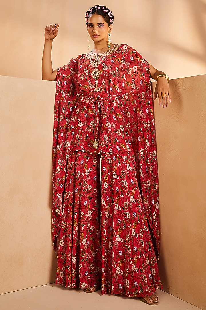 Red Chinon Floral Printed & Mirror Embroidered Kaftan Set by Aneesh Agarwaal PRET at Pernia's Pop Up Shop