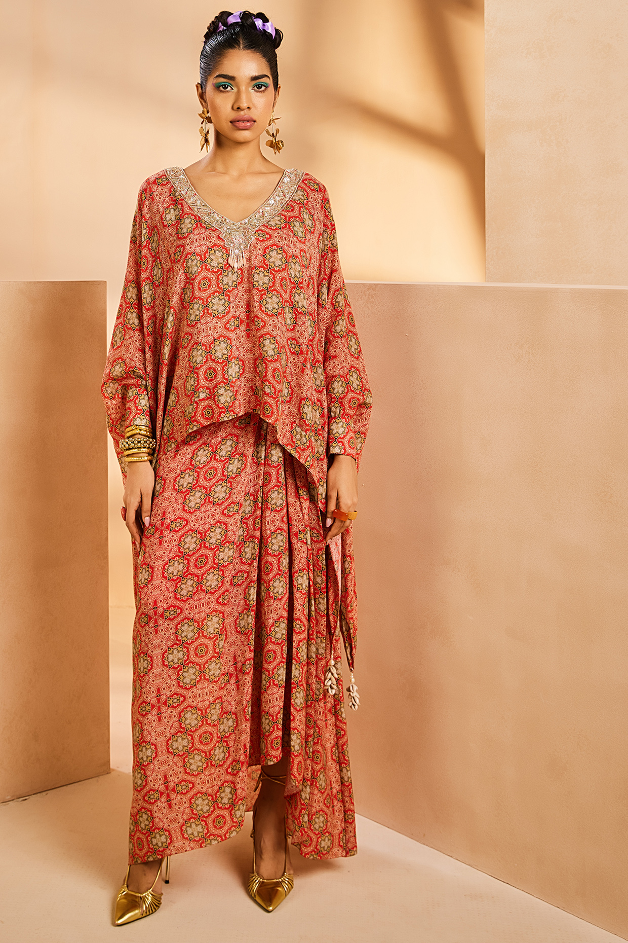 Red Crepe Sequins Hand Embroidered Kaftan Set by Aneesh Agarwaal PRET at Pernia's Pop Up Shop