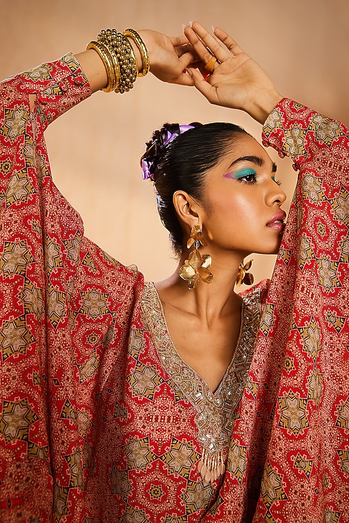 Red Crepe Sequins Hand Embroidered Kaftan Set by Aneesh Agarwaal PRET at Pernia's Pop Up Shop