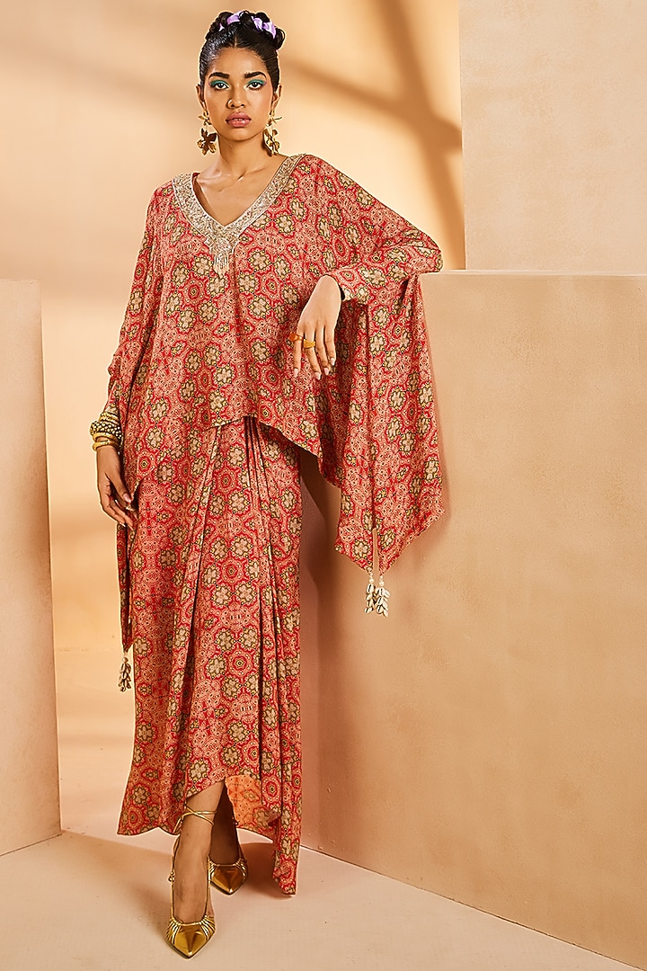 Red Crepe Sequins Hand Embroidered Kaftan Set by Aneesh Agarwaal PRET at Pernia's Pop Up Shop