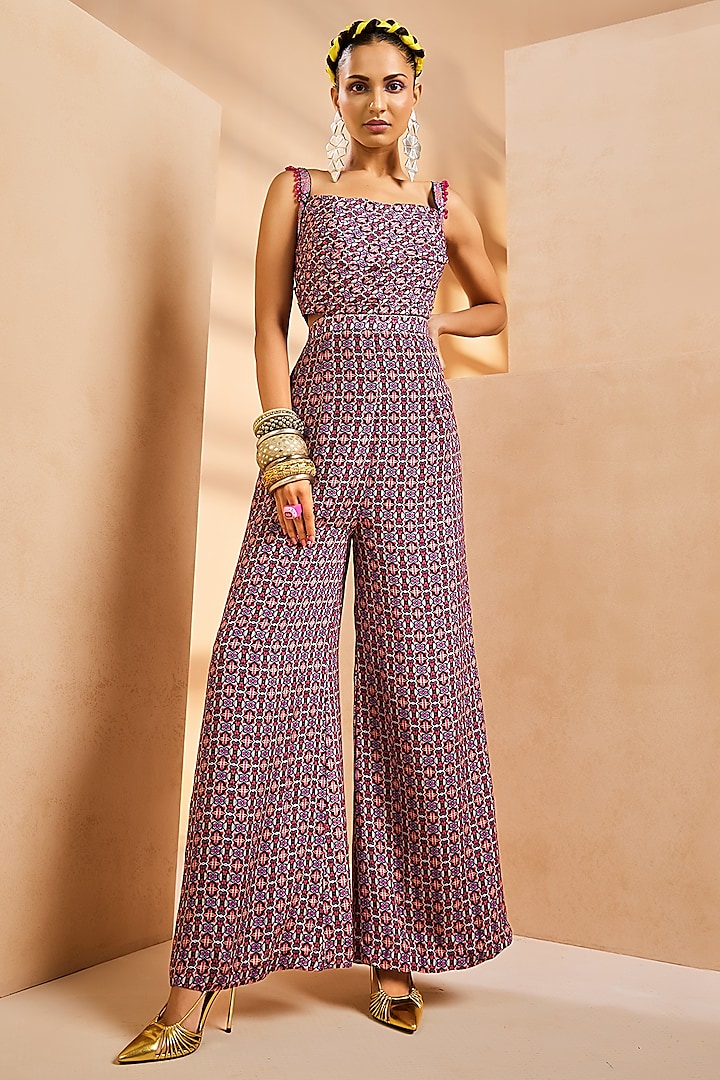 Purple Chinon Ikat Printed & Hand Embroidered Jumpsuit by Aneesh Agarwaal PRET
