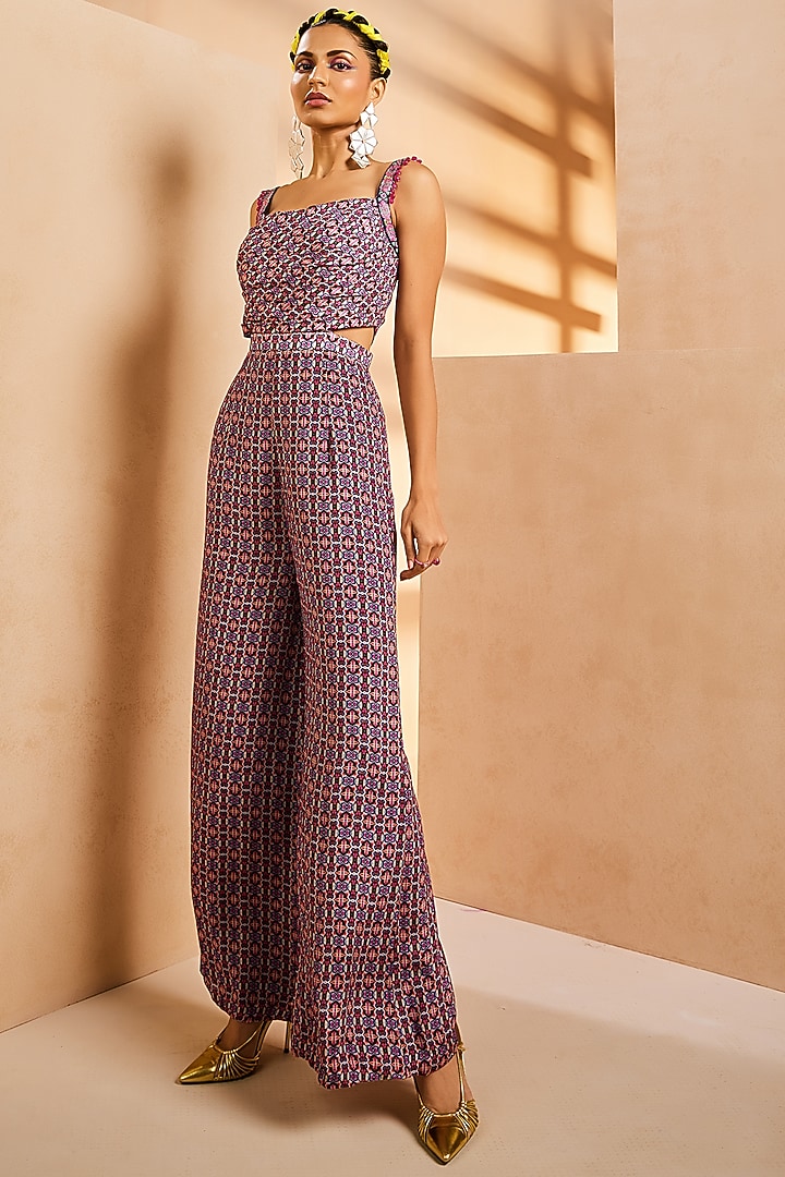 Purple Chinon Ikat Printed & Hand Embroidered Jumpsuit by Aneesh Agarwaal PRET at Pernia's Pop Up Shop