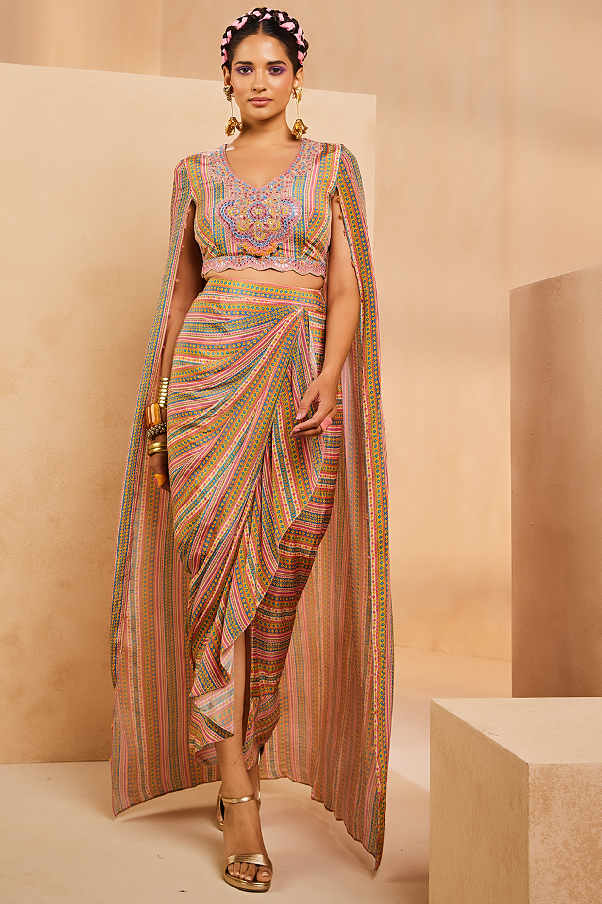 Multi-Colored Crepe Stripe Printed Overlap Ruffled Skirt Set by Aneesh Agarwaal PRET at Pernia's Pop Up Shop