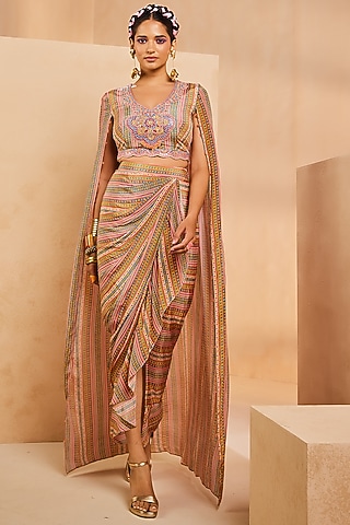 Multi-Colored Crepe Stripe Printed Overlap Ruffled Skirt Set by Aneesh Agarwaal PRET