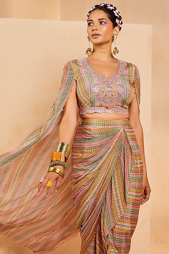 Multi-Colored Crepe Stripe Printed Overlap Ruffled Skirt Set by Aneesh Agarwaal PRET at Pernia's Pop Up Shop