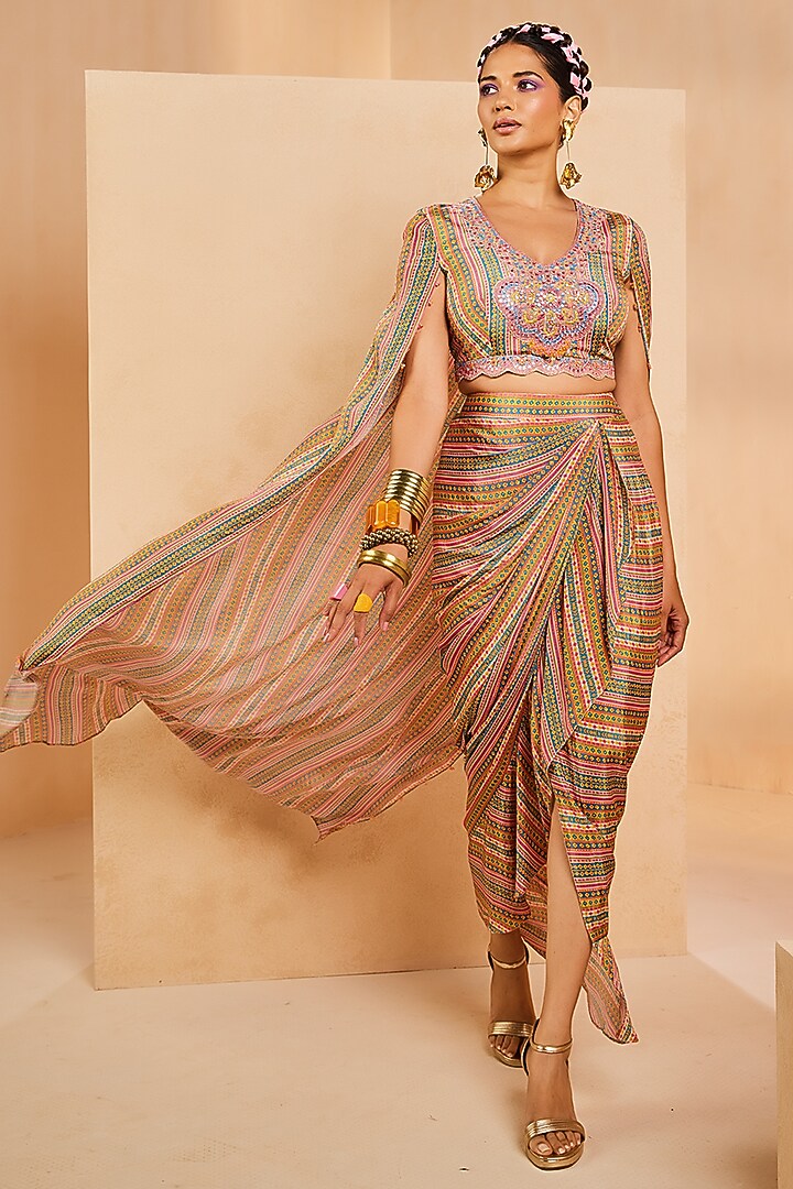Multi-Colored Crepe Stripe Printed Overlap Ruffled Skirt Set by Aneesh Agarwaal PRET at Pernia's Pop Up Shop