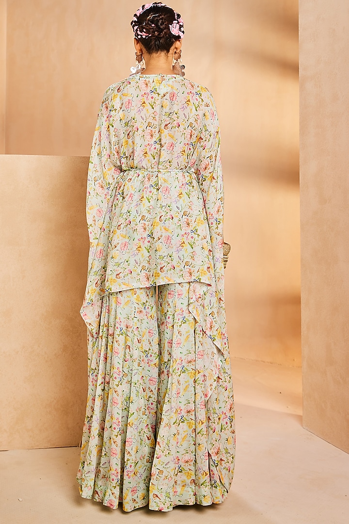 Aqua Blue Chinon Floral Printed Wedding Sharara Set by Aneesh Agarwaal PRET at Pernia's Pop Up Shop
