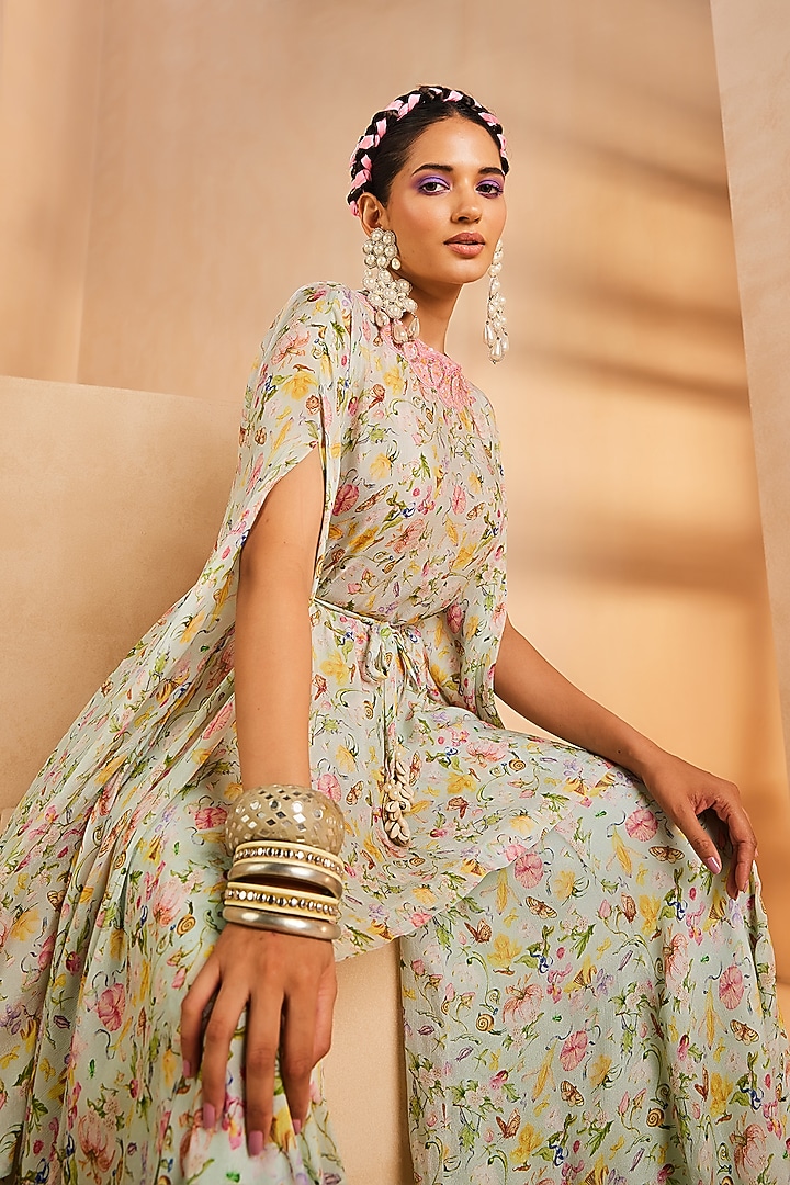 Aqua Blue Chinon Floral Printed Wedding Sharara Set by Aneesh Agarwaal PRET at Pernia's Pop Up Shop