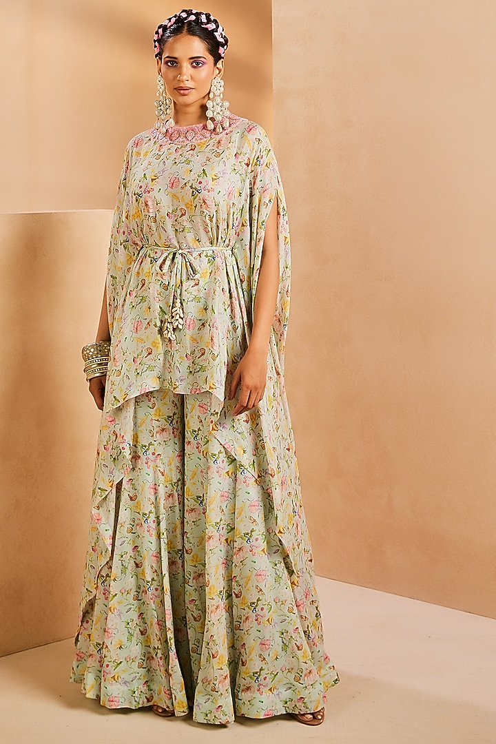 Aqua Blue Chinon Floral Printed Wedding Sharara Set by Aneesh Agarwaal PRET at Pernia's Pop Up Shop