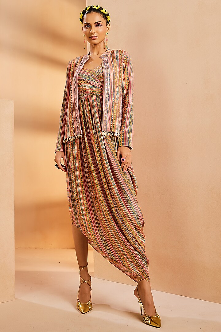 Multi-Colored Crepe Stripe Printed & Hand Embroidered Cowl Jacket Dress by Aneesh Agarwaal PRET