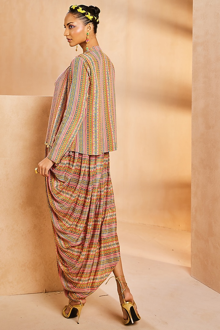 Multi-Colored Crepe Stripe Printed & Hand Embroidered Cowl Jacket Cocktail Dress by Aneesh Agarwaal PRET at Pernia's Pop Up Shop