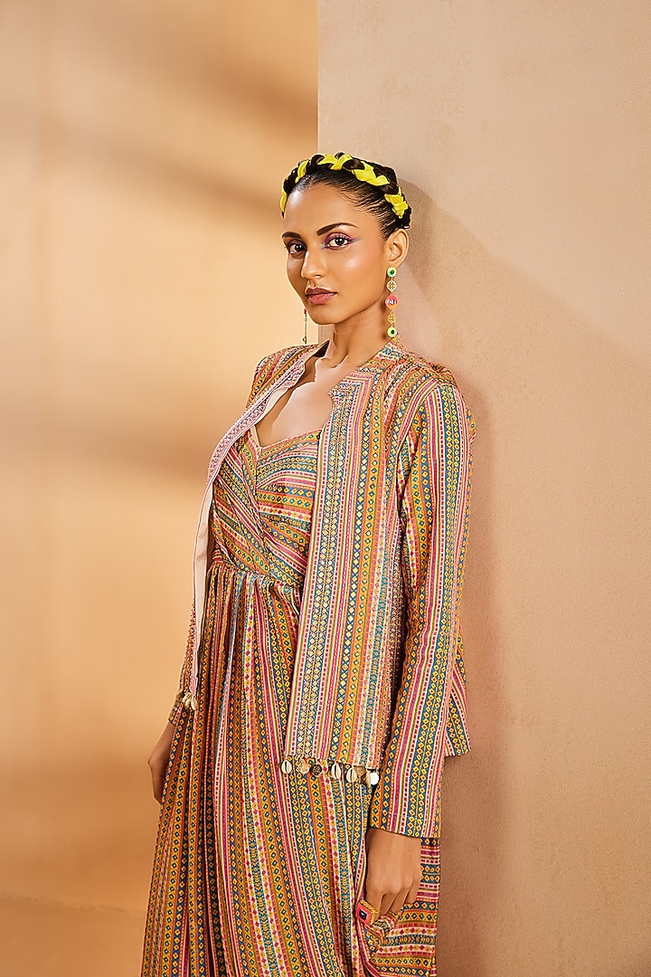 Multi-Colored Crepe Stripe Printed & Hand Embroidered Cowl Jacket Cocktail Dress by Aneesh Agarwaal PRET at Pernia's Pop Up Shop