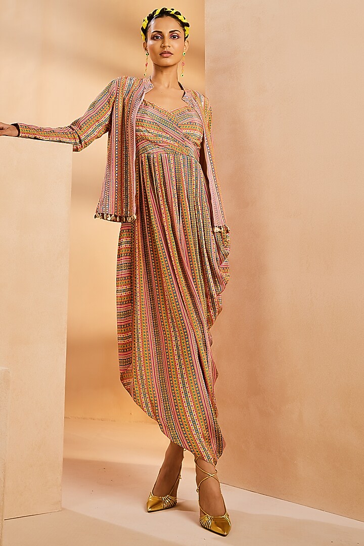 Multi-Colored Crepe Stripe Printed & Hand Embroidered Cowl Jacket Cocktail Dress by Aneesh Agarwaal PRET at Pernia's Pop Up Shop