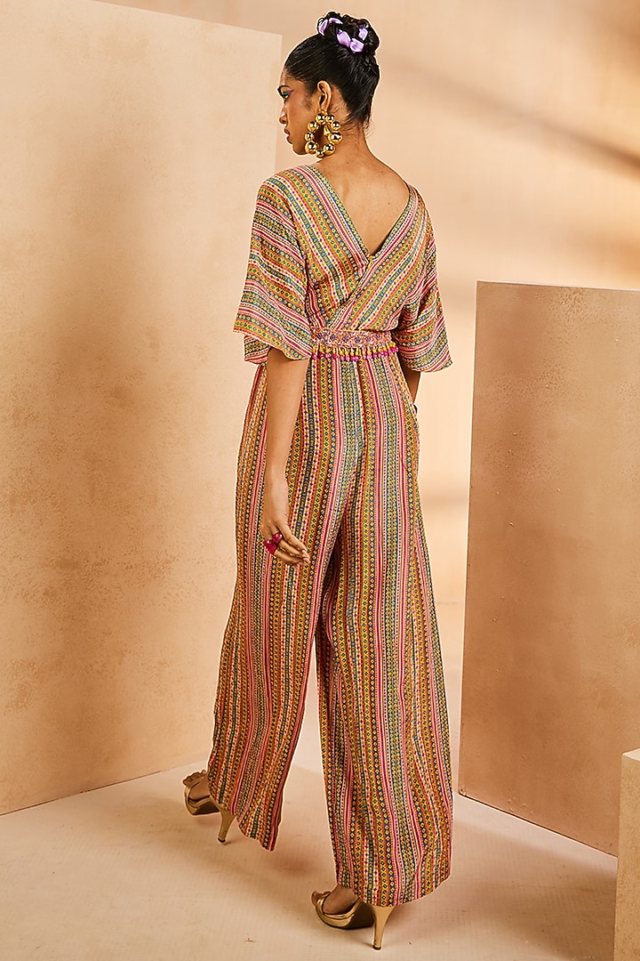 Multi-Colored Crepe Stripe Printed Jumpsuit With Belt by Aneesh Agarwaal PRET at Pernia's Pop Up Shop
