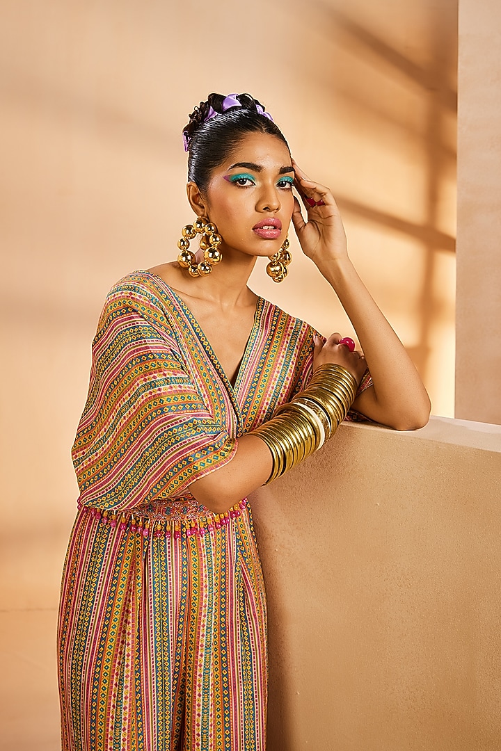 Multi-Colored Crepe Stripe Printed Jumpsuit With Belt by Aneesh Agarwaal PRET at Pernia's Pop Up Shop