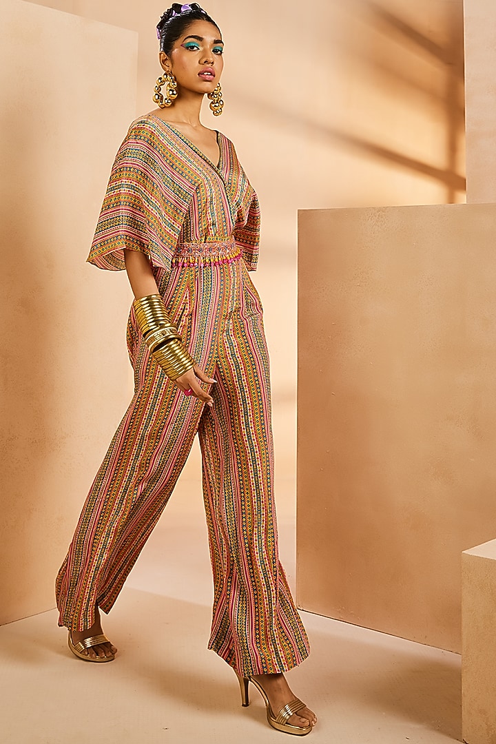 Multi-Colored Crepe Stripe Printed Jumpsuit With Belt by Aneesh Agarwaal PRET at Pernia's Pop Up Shop
