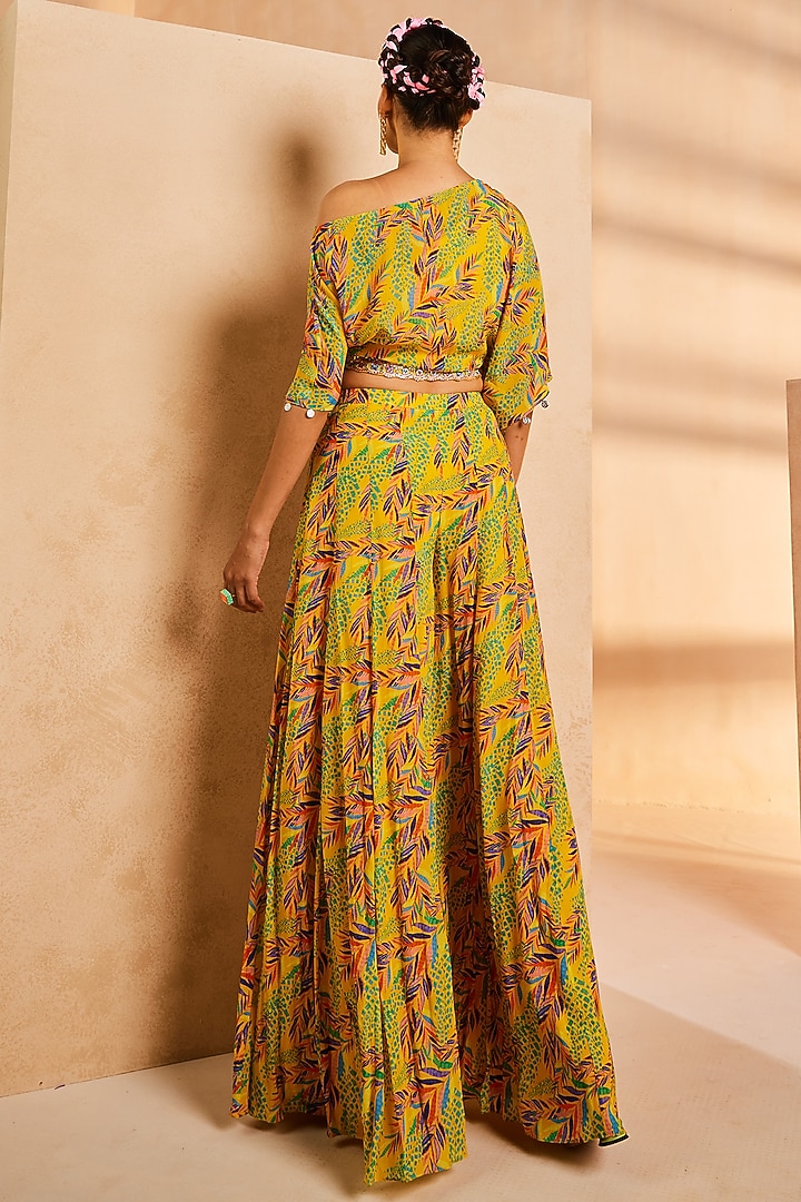 Yellow Crepe Foliage Printed Party Wear Sharara Set by Aneesh Agarwaal PRET at Pernia's Pop Up Shop