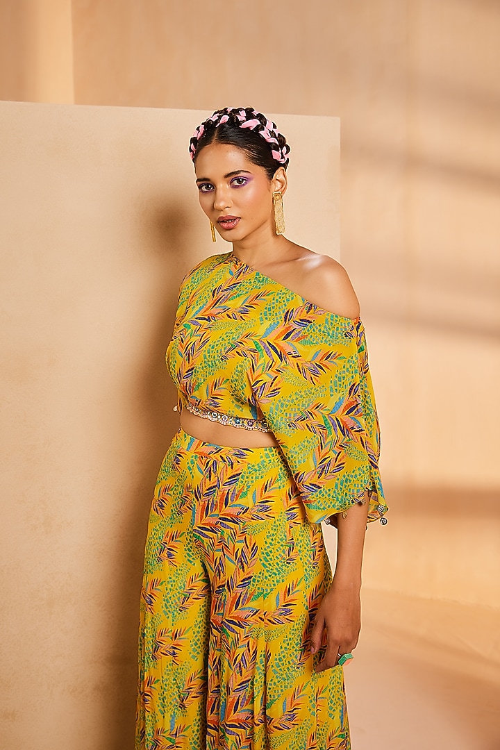 Yellow Crepe Foliage Printed Party Wear Sharara Set by Aneesh Agarwaal PRET at Pernia's Pop Up Shop