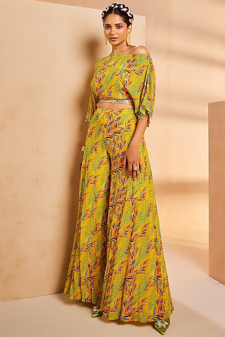 Yellow Crepe Foliage Printed Party Wear Sharara Set by Aneesh Agarwaal PRET at Pernia's Pop Up Shop