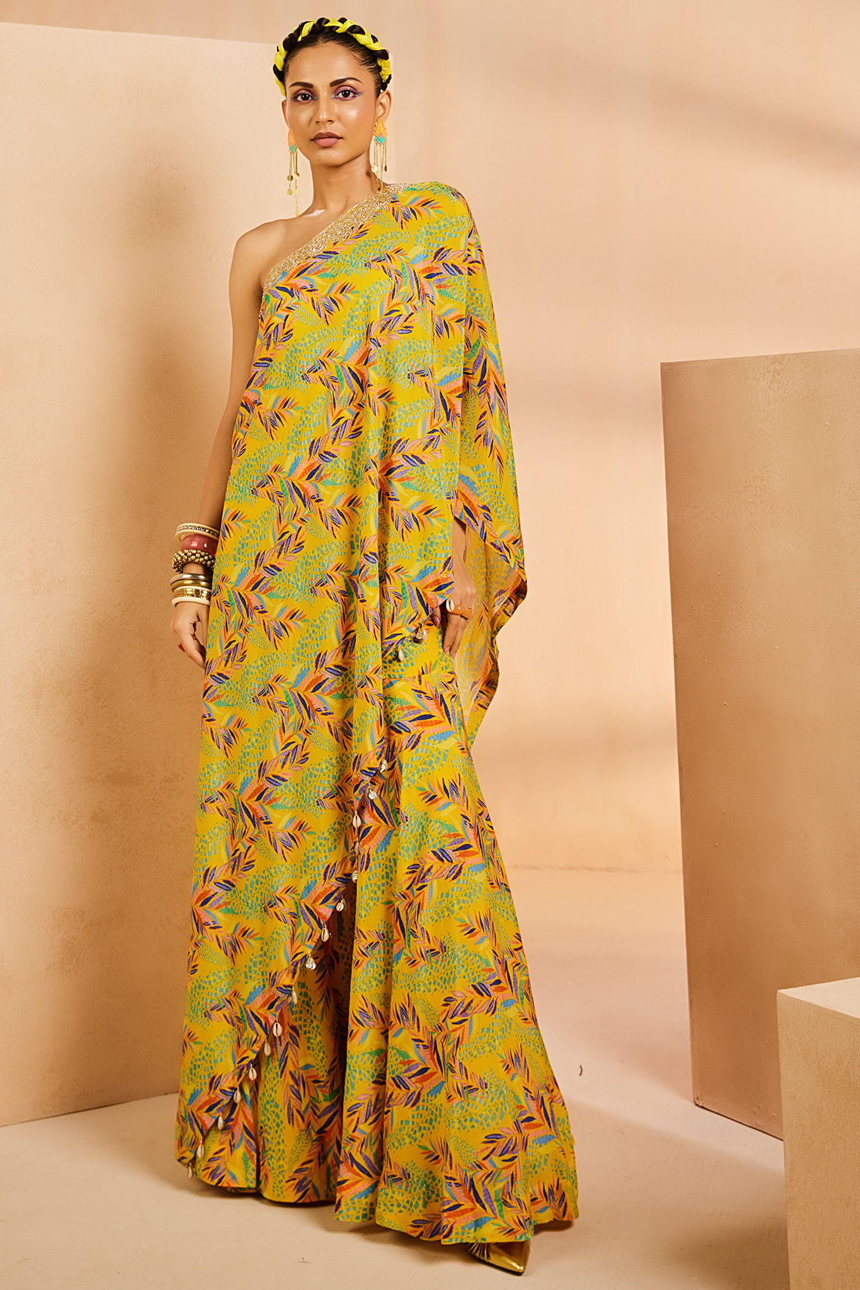 Yellow Crepe Botanical Printed & Hand Embroidered One-Shoulder Kaftan Set by Aneesh Agarwaal PRET at Pernia's Pop Up Shop