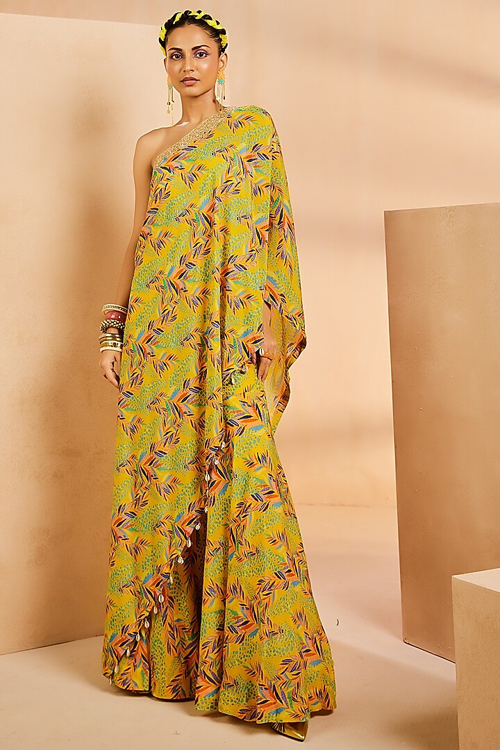 Yellow Crepe Botanical Printed & Hand Embroidered One-Shoulder Kaftan Set by Aneesh Agarwaal PRET at Pernia's Pop Up Shop