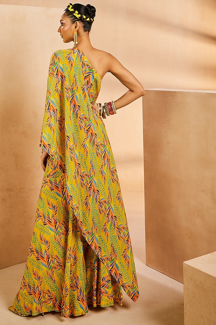 Yellow Crepe Botanical Printed & Hand Embroidered One-Shoulder Kaftan Set by Aneesh Agarwaal PRET at Pernia's Pop Up Shop